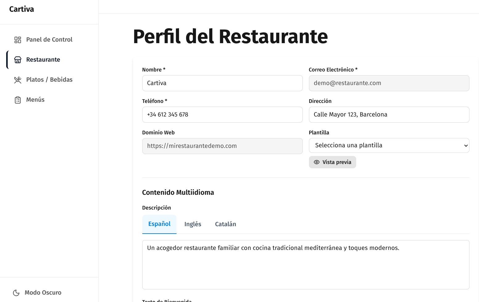 Información de tu restaurante